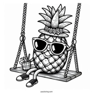 Pineapple Coloring Page on Swing Wearing Sunglasses and Hat