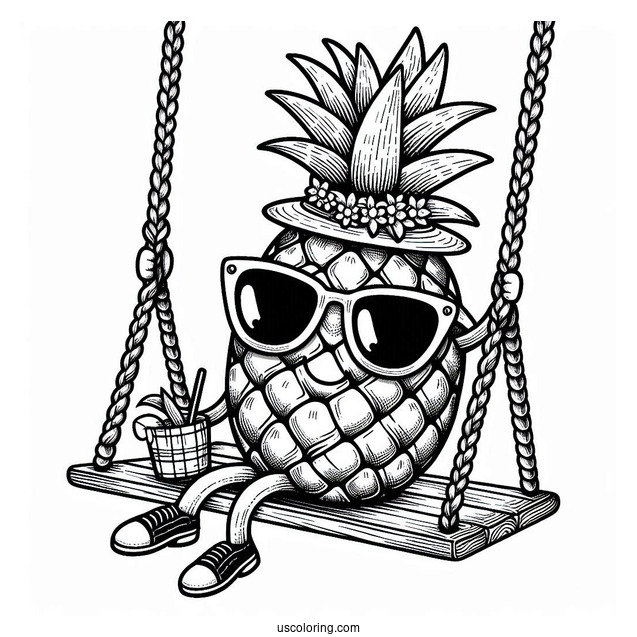 Pineapple Coloring Page on Swing Wearing Sunglasses and Hat