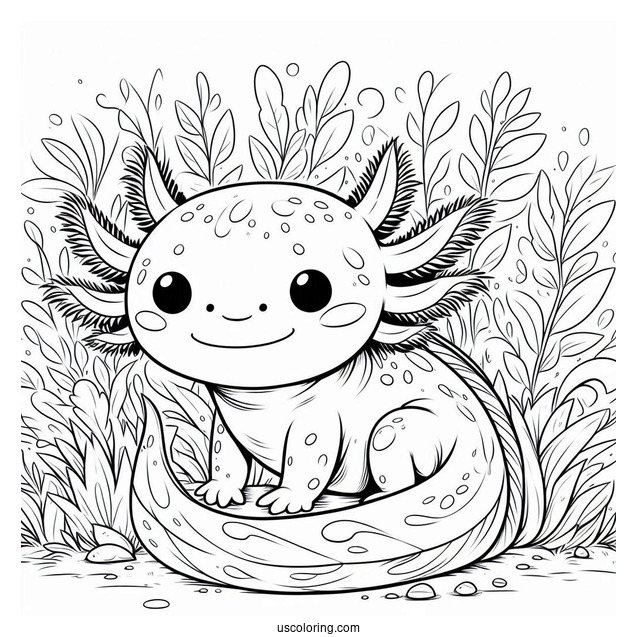 Adorable Little Axolotl Coloring Page Surrounded By Weeds
