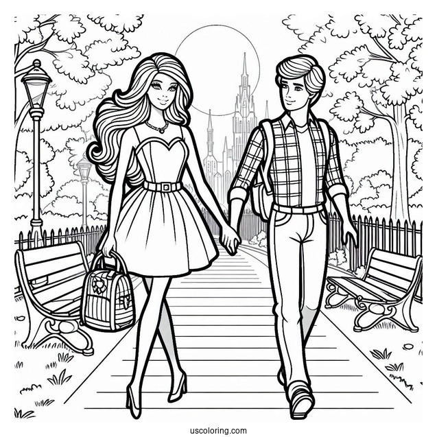 Barbie And Ken Walking In Park To Color
