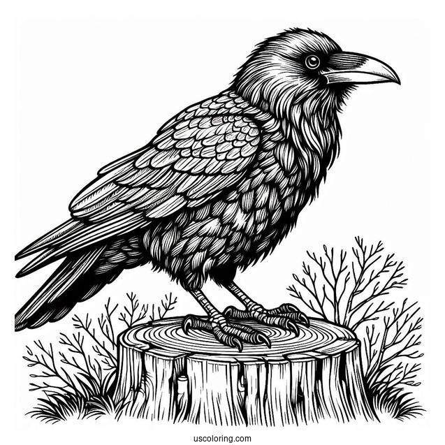Detailed Raven Coloring Page Perched On A Tree Stump