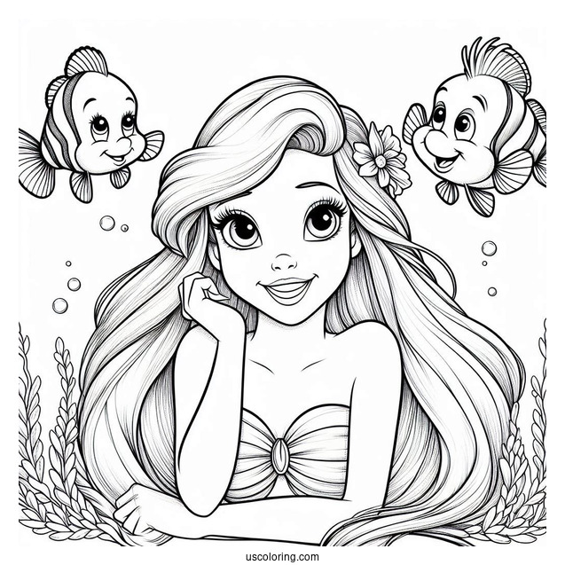 Ariel With Sebastian And Flounders Coloring Sheet