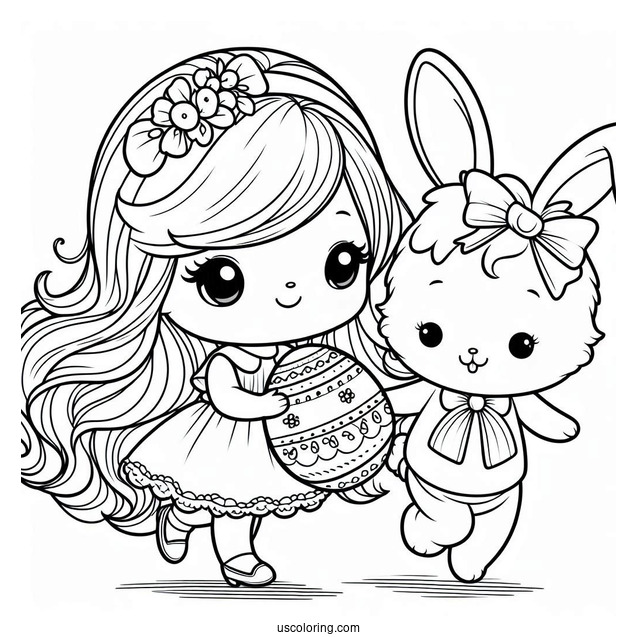 Girl And Boy Easter Bunny Coloring Page Carrying Easter Egg With Bow