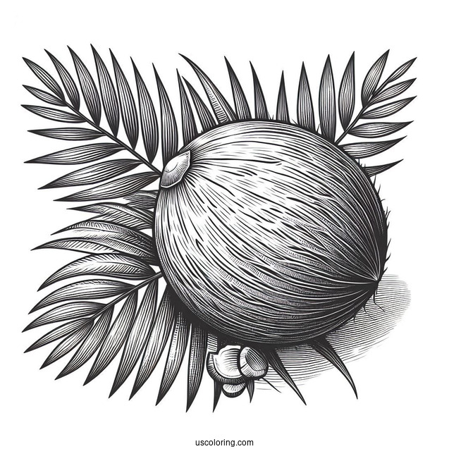Realistic Coconut Coloring Page On Leaves
