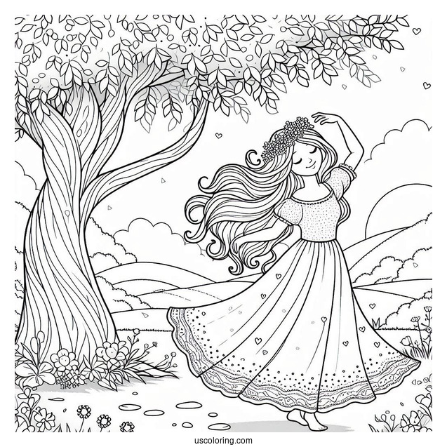 Woman Dancing Under A Tree Cute Coloring Page