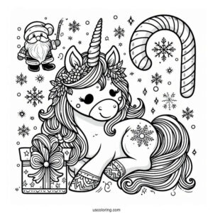 Unicorn With Santa Snow Flakes And Candy Cane
