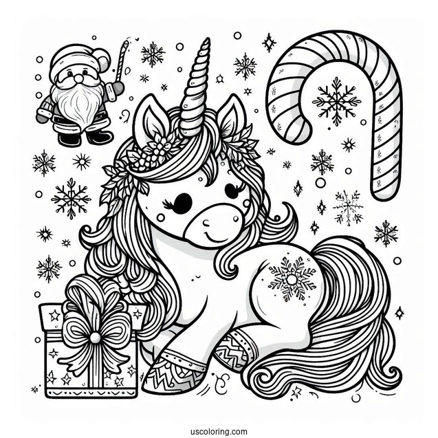 Unicorn With Santa Snow Flakes And Candy Cane