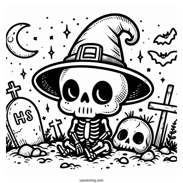 Cute Skeleton Coloring Page In Hat Sitting On Tombstone Halloween