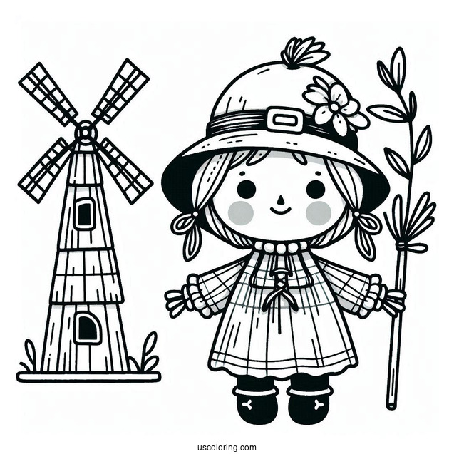 Cute Scarecrow Coloring Page With A Windmill At The Back