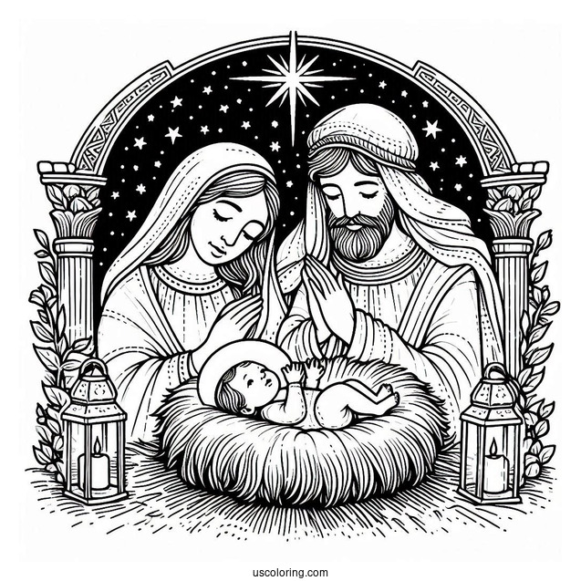 Nativity Coloring Page Of Mary And Joseph Watching Over Newborn Jesus Nativity