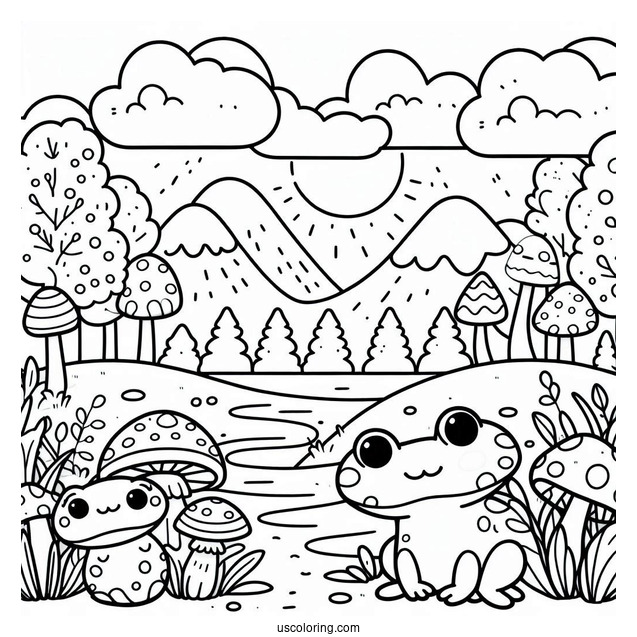 Cute Coloring Page Landscape With Mushrooms And Frogs