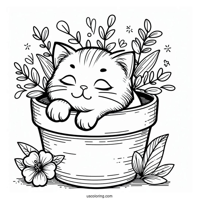 Cat Sleeping Inside Flower Pot Coloring Page