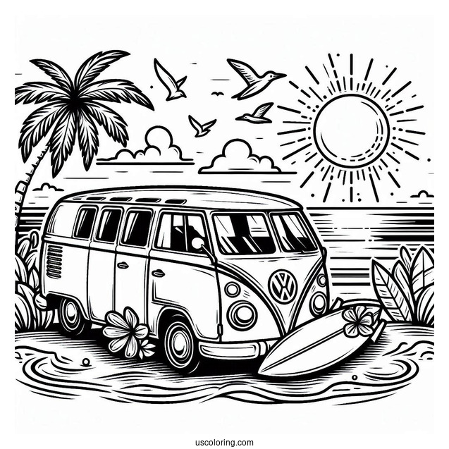 Volkswagen Van With Surfboard Summer Coloring Page