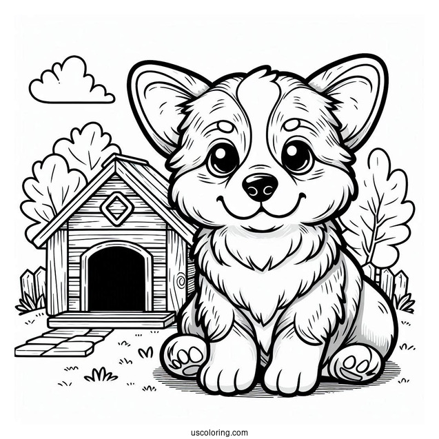 Corgi Puppy In Front Of Dog House