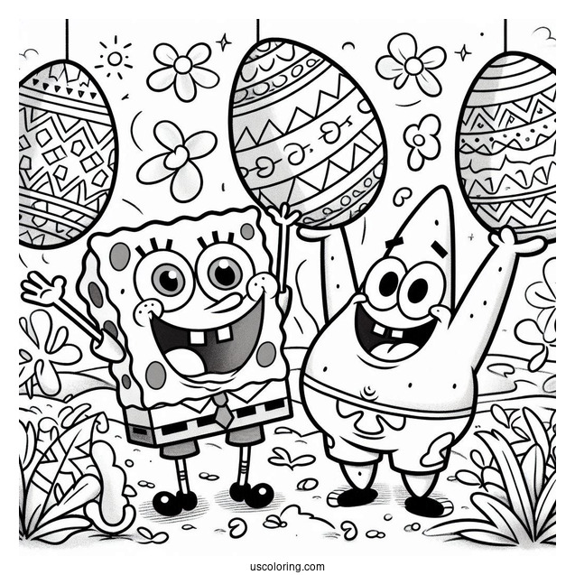 Easter Coloring Page Of SpongeBob And Patrick Star Throwing Easter Eggs