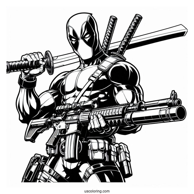 Deadpool Holding Huge Gun And Katana