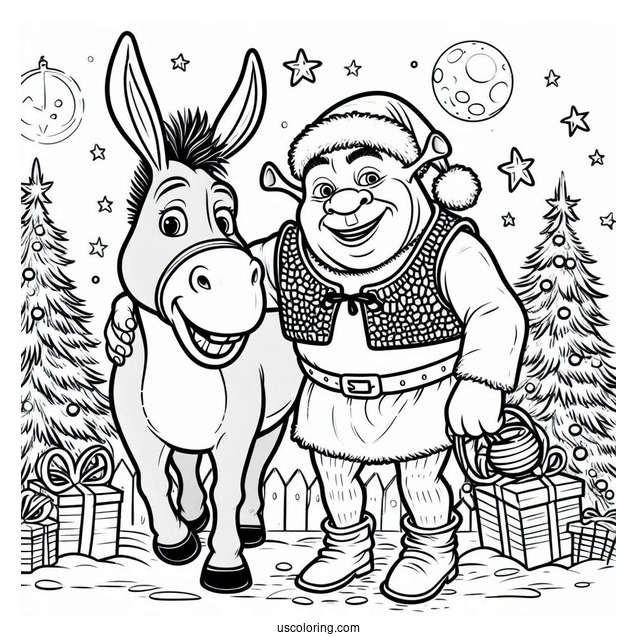 Christmas Themed Shrek And Donkey Coloring Page