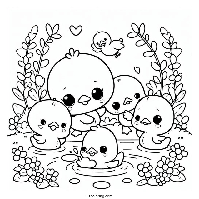Kawaii Ducklings Playing In A Pond Coloring Page For Preschoolers