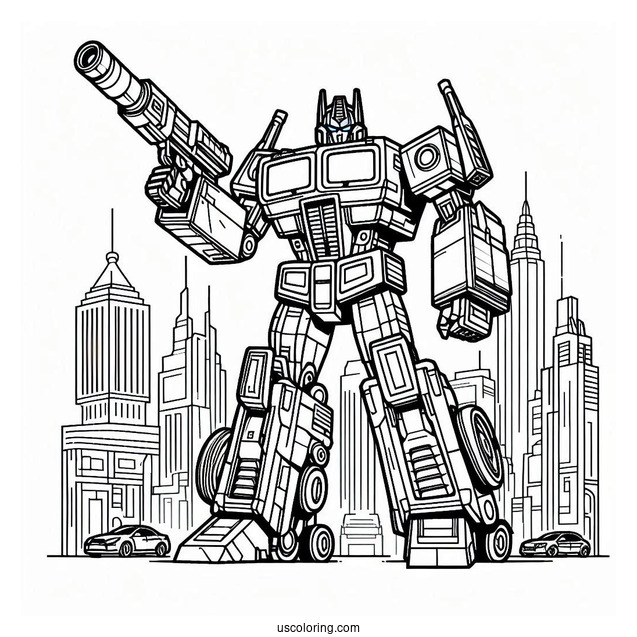 Simple Optimus Prime Coloring Page Outline With Ion Blaster In City