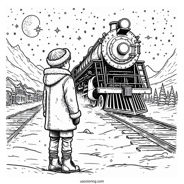 Polar Express Coloring Page Of Lonely Boy Standing In The Snow