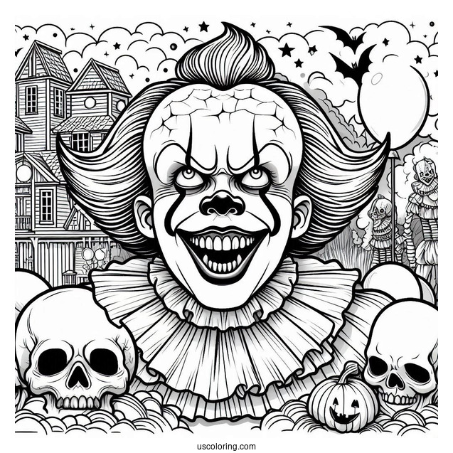 Laughing Pennywise With Skulls In Front Of A Haunted House