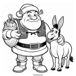 Shrek Dressed As Santa With Donkey Coloring Sheet