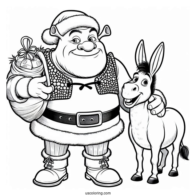 Shrek Dressed As Santa With Donkey Coloring Sheet