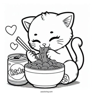 Cat Eating Ramen Coloring Page For Kids