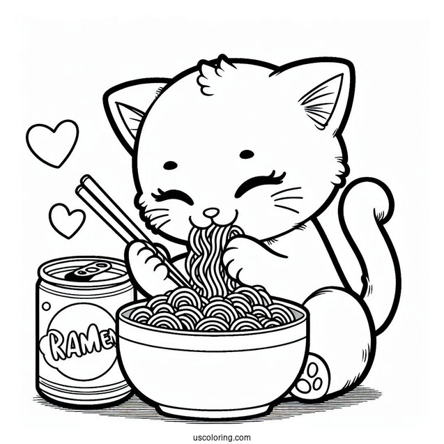 Cat Eating Ramen Coloring Page For Kids