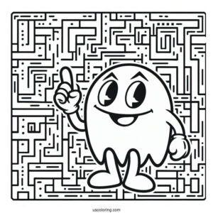 Smirking Pac-Man Coloring Page With Maze In Background
