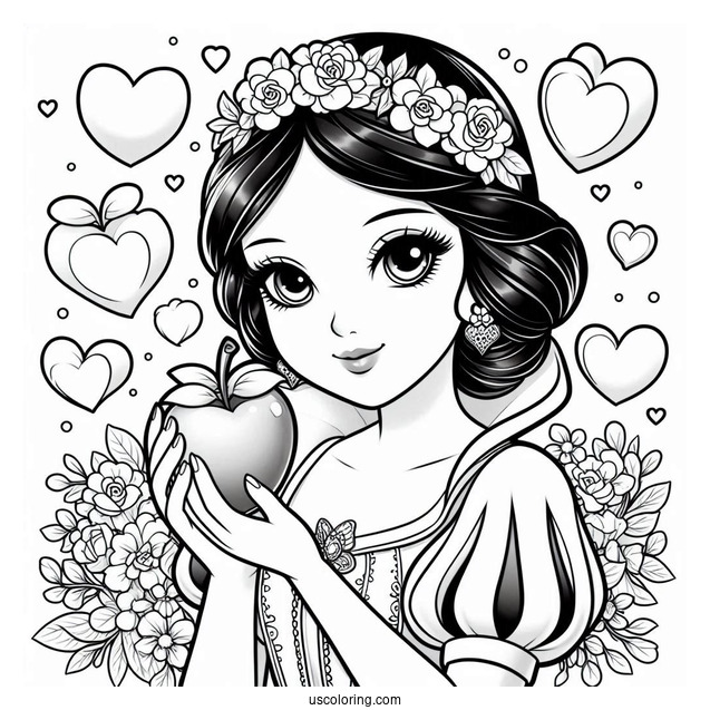 Stunning Snow White Coloring Pages With Love Hearts For Kids