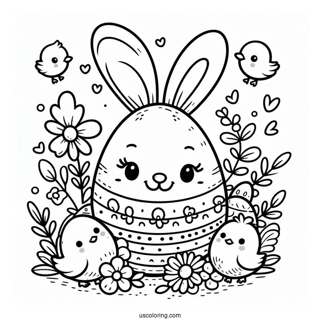 Smiling Easter Egg Coloring Page Bunny with Chicks and Flowers