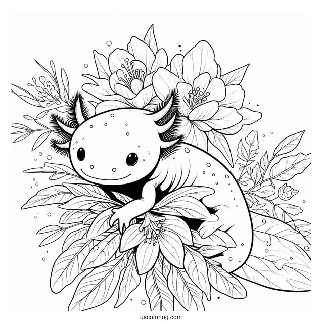 Shy Axolotl Coloring Page Hovering Above Flowers And Leaves