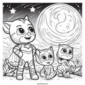 PJ Masks Coloring Page Of Gekko, Catboy, And Owelette In The Night Sky