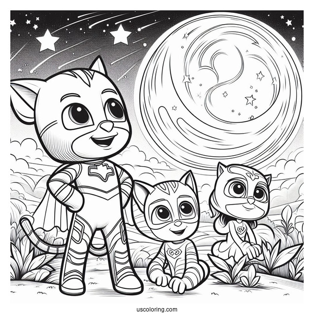 PJ Masks Coloring Page Of Gekko, Catboy, And Owelette In The Night Sky