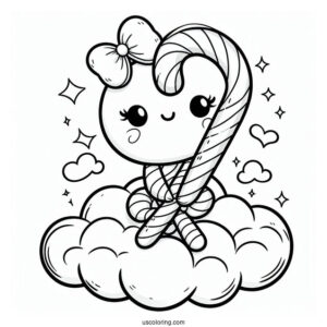 Adorable Candy Cane Coloring Page Sitting On A Cloud
