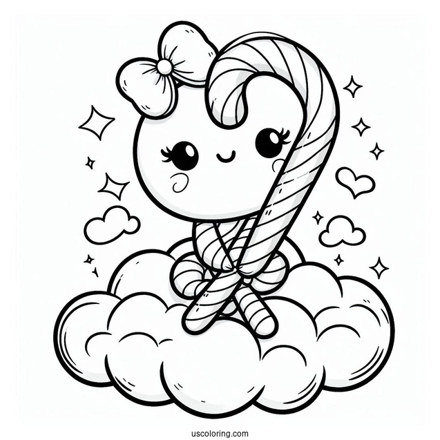 Adorable Candy Cane Coloring Page Sitting On A Cloud