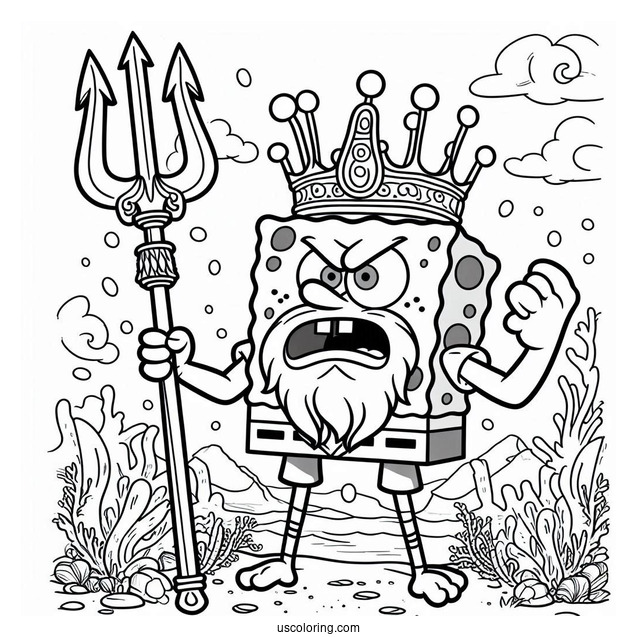SpongeBob Coloring Page Of Angry King Neptune Holding Trident