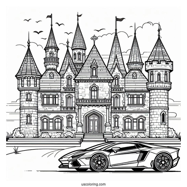 Castle Coloring Page Of Modern Castle With Sports Car