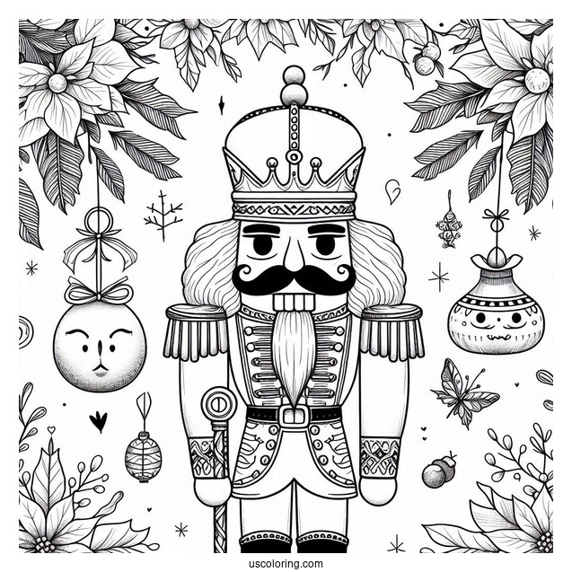 Nutcracker Coloring Page King With Mistletoes And Poinsettia