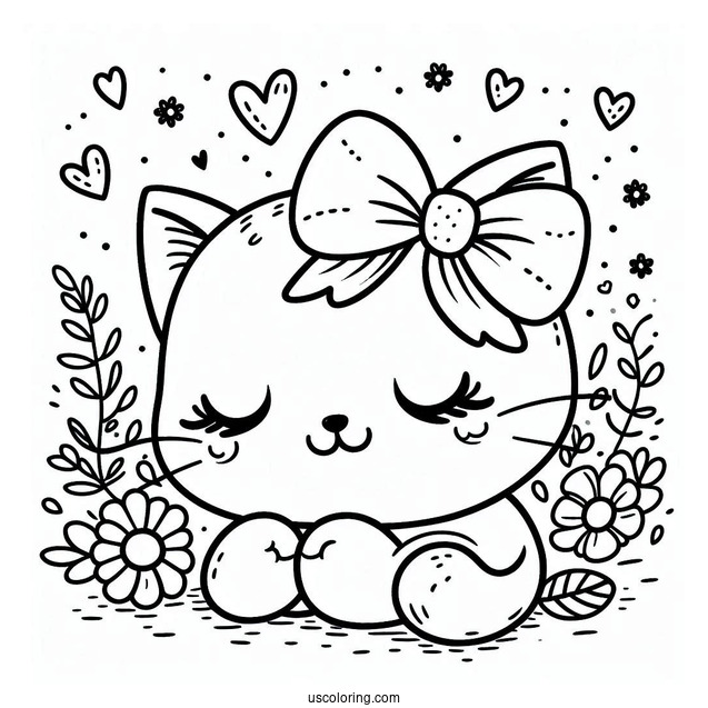 Coloring Page Of Adorable Cartoon Cat With Bow