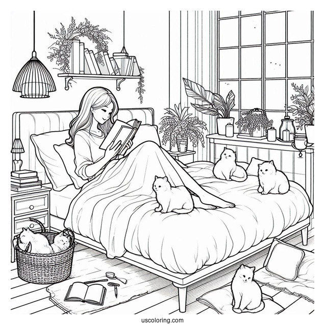 Bedroom Coloring Page Realistic Woman Reading On Her Bed With Cats