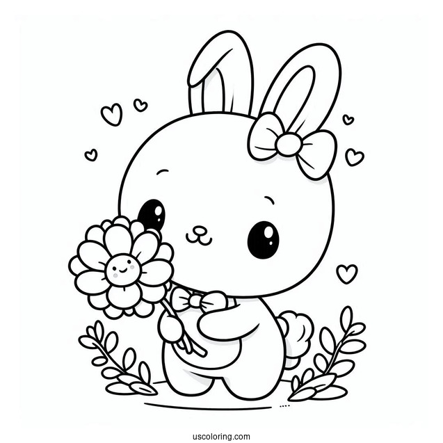 Adorable Easter Coloring Page Of Bunny Holding A Flower For Kids