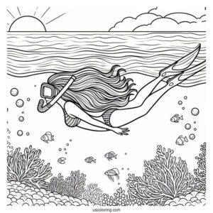 Swimming Coloring Page OfGirl Snorkeling At The Sea