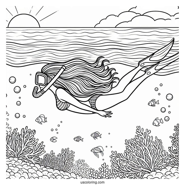 Swimming Coloring Page OfGirl Snorkeling At The Sea