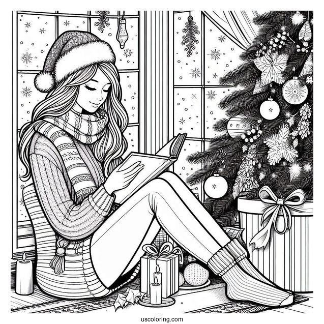 Christmas Coloring Pages For Adults Of Woman Reading Book Beside Window On Christmas Day