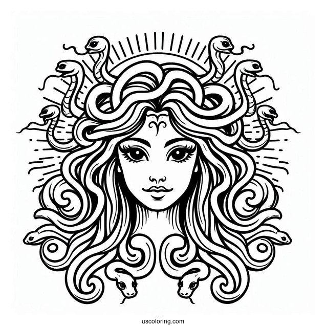 Simple Medusa Coloring Page With Head Full Of Snakes