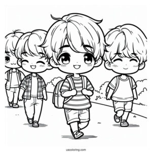 Cute Coloring Page Chibi Boys Walking In The Park For Kids