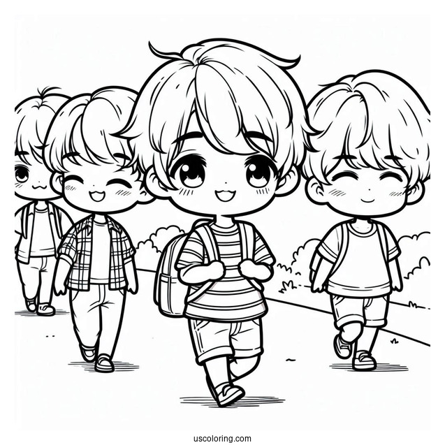 Cute Coloring Page Chibi Boys Walking In The Park For Kids