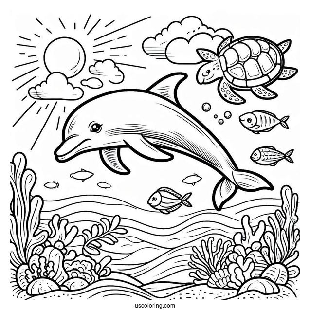 Dolphin Swimming With Fish And Turtle